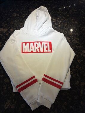 Marvel White Hoodie with Red Logo and Sleeve Stripes